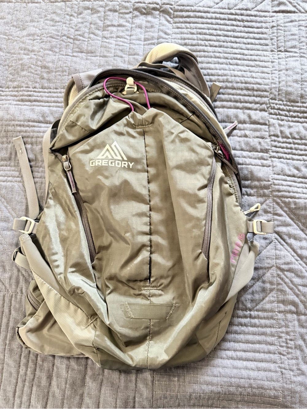 Gregory gray backpack with pink accents